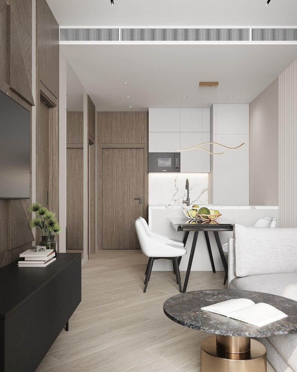 Open plan living and dining, 1-bedroom unit