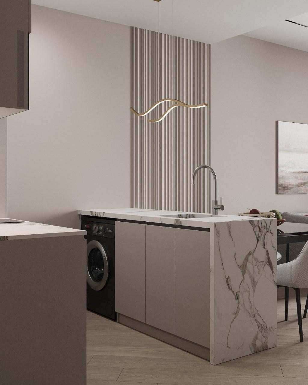 Kitchen with marble island, 1-bedroom unit