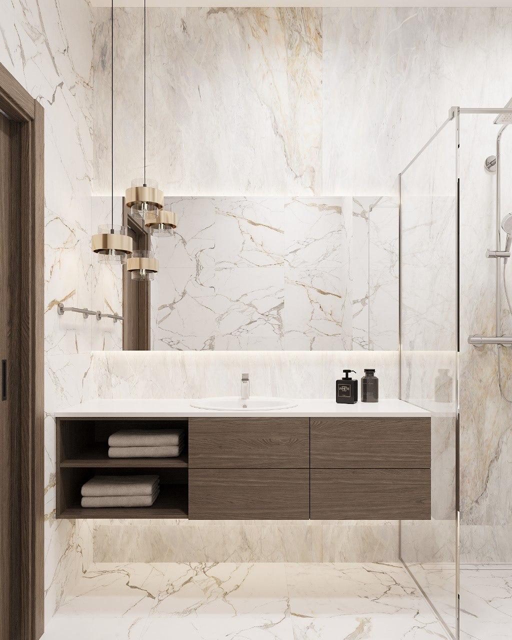 Marble bathroom with pendant light, 1-bedroom unit